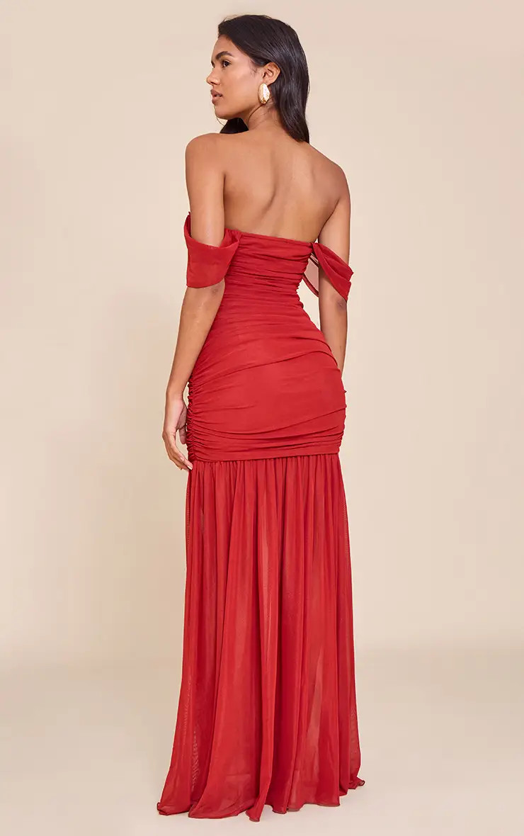 RED Mesh Bardot Ruched Detail Maxi Dress | PrettyLittleThing UK