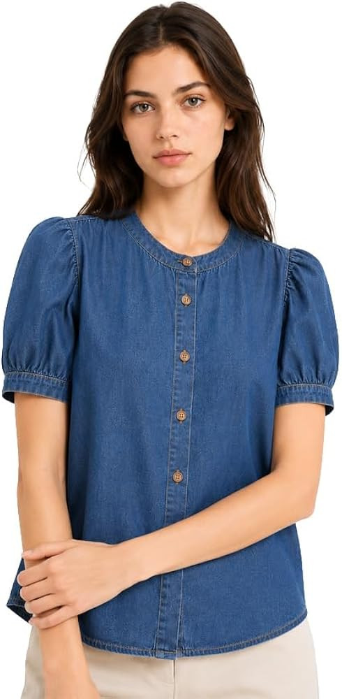 SUNNOW Women's Denim Puff Sleeve Button Down Shirt Classic Casual Short Sleeve Blouse with Relaxe... | Amazon (US)