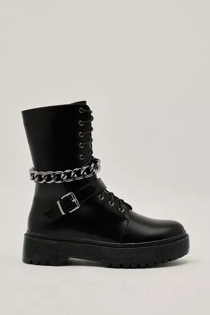 Faux Leather Chunky Metal Biker Boots | Nasty Gal (US)