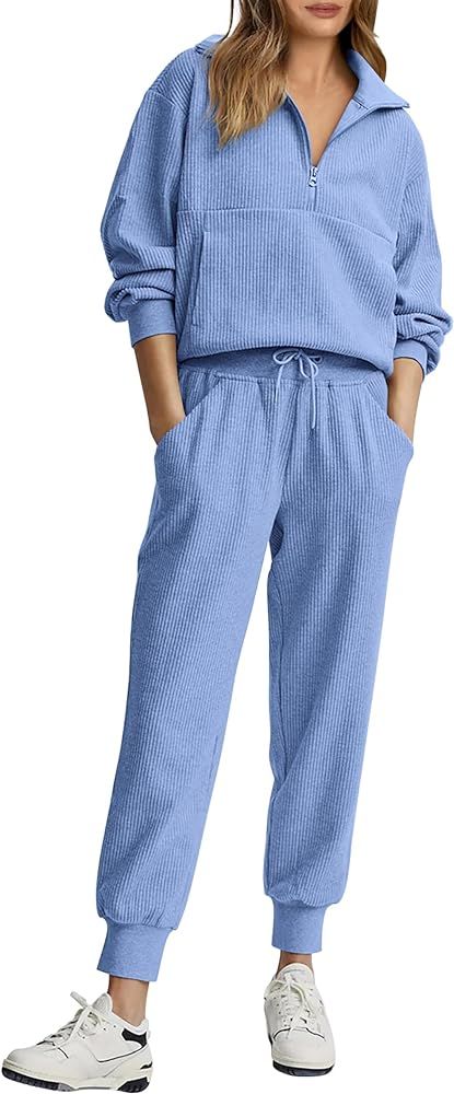 PRETTYGARDEN Womens 2 Piece Sweatsuits Set Long Sleeve Half Zip Pullover Sweatshirt Joggers Sweat... | Amazon (US)