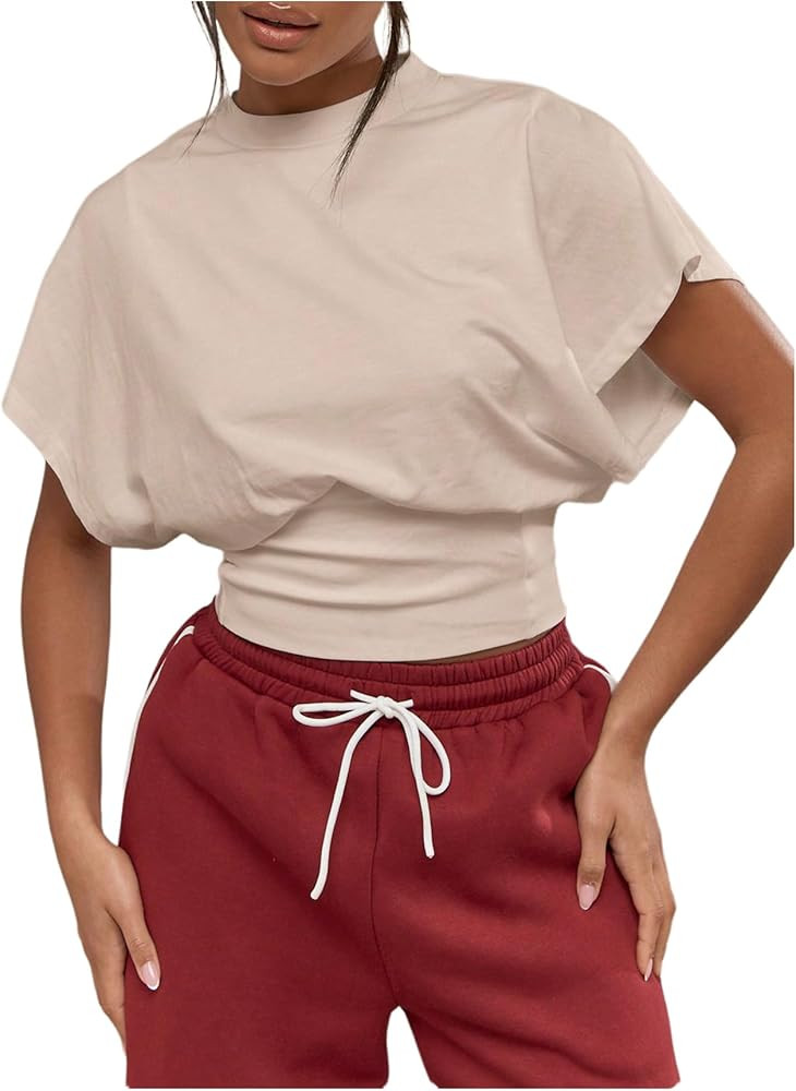 SHENHE Women's Cap Sleeve Dolman T Shirt Crew Neck Cinched Waist Loose Summer Crop Top | Amazon (US)