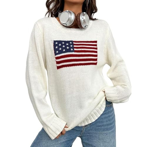 Women American Flag Sweater 4th of July Long Sleeve Crewneck Star Sweatshirt Vintage Hollow Out Knit Pullover Jumper Tops(White,L) | Amazon (US)