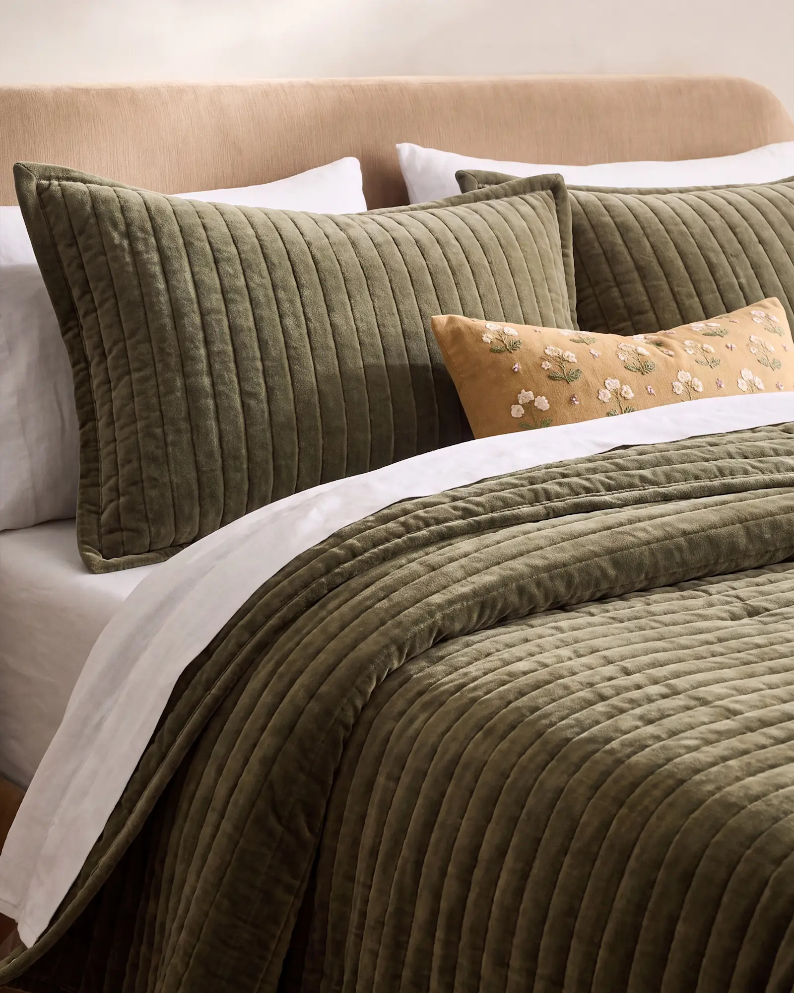 Cotton Velvet Horizontal Channel Quilted Sham Set in Moss | Quince