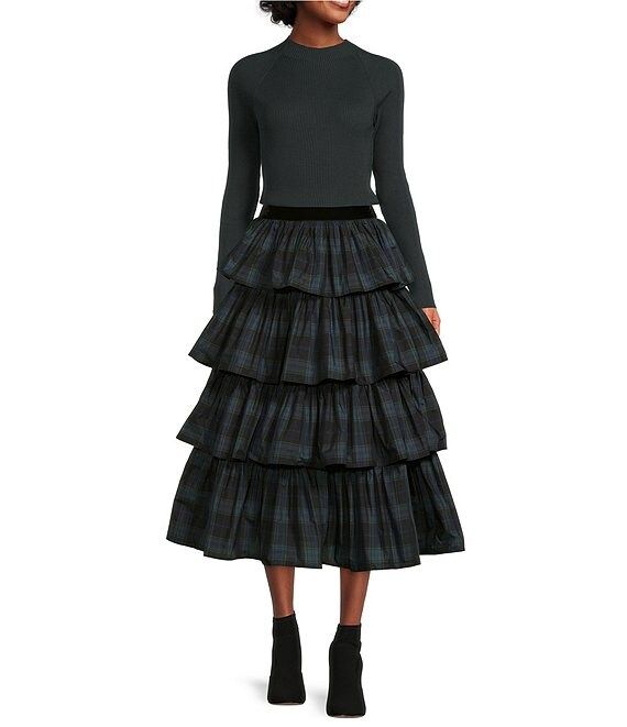 Antonio Melani Plaid Print Tiered Channing A-Line Tea Length Skirt | Dillard's | Dillard's