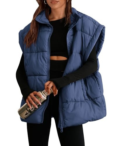 PRETTYGARDEN Women's Puffer Vest Fall Casual Stand Collar Lightweight Sleeveless Zip Up Padded Jackets Outerwear (Dark Blue,Small) | Amazon (US)