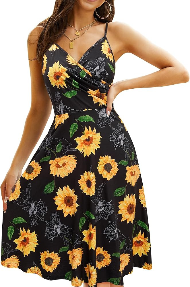 KILIG Women's V Neck Floral Spaghetti Strap Summer Casual Dress Sleeveless Wrap Midi Sundress with P | Amazon (US)