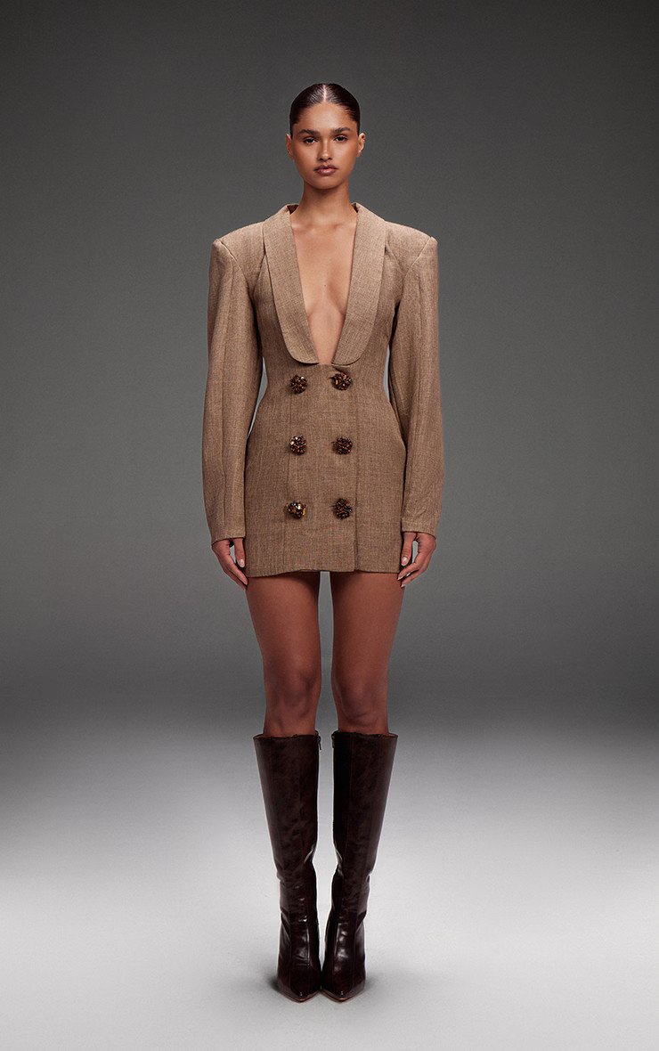 PLT Label Brown Textured Button Plunge Blazer Dress | PrettyLittleThing US