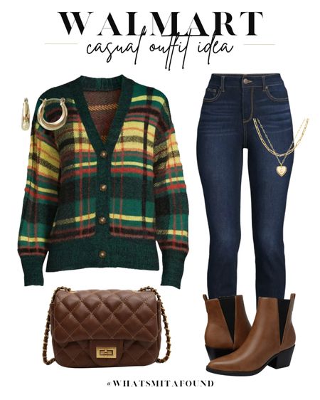 Walmart outfit idea, casual outfit idea, fall outfit idea, plaid cardigan, fall cardigan, button front cardigan, trendy cardigan, skinny jeans, high waisted skinny jeans, dark wash skinny jeans, brown boots, ankle boots, heeled booties, brown purse, quilted purse, crossbody purse, gold hoops, initial necklaces, layered  necklaces

#LTKfindsunder50 #LTKitbag #LTKshoecrush