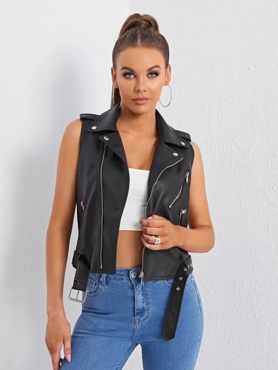 PU Leather Sleeveless Belted Moto Jacket
   
      SKU: swjacket03210322038
          
          ... | SHEIN