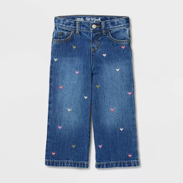 Toddler Girls' Heart Embroidered Wide Leg Denim Pants - Cat & Jack™ Dark Wash 3T | Target