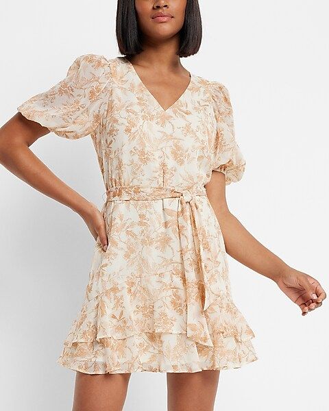 Floral Tiered Ruffle Tie Belt Mini Dress | Express