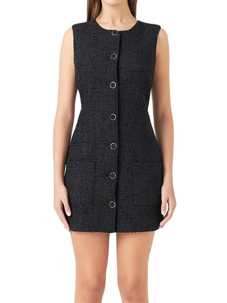 Tweed Dress Woman Sleeveless Bodycon Jackie O Dresses Crew Neck Elegant Button Down Mini Dress | Amazon (US)