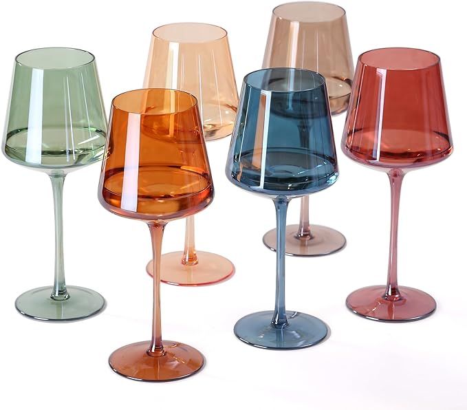 Hand Blown Colored Wine Glasses Set of 6-18oz Multi Colored Square Wine Glasses with Tall Long St... | Amazon (US)