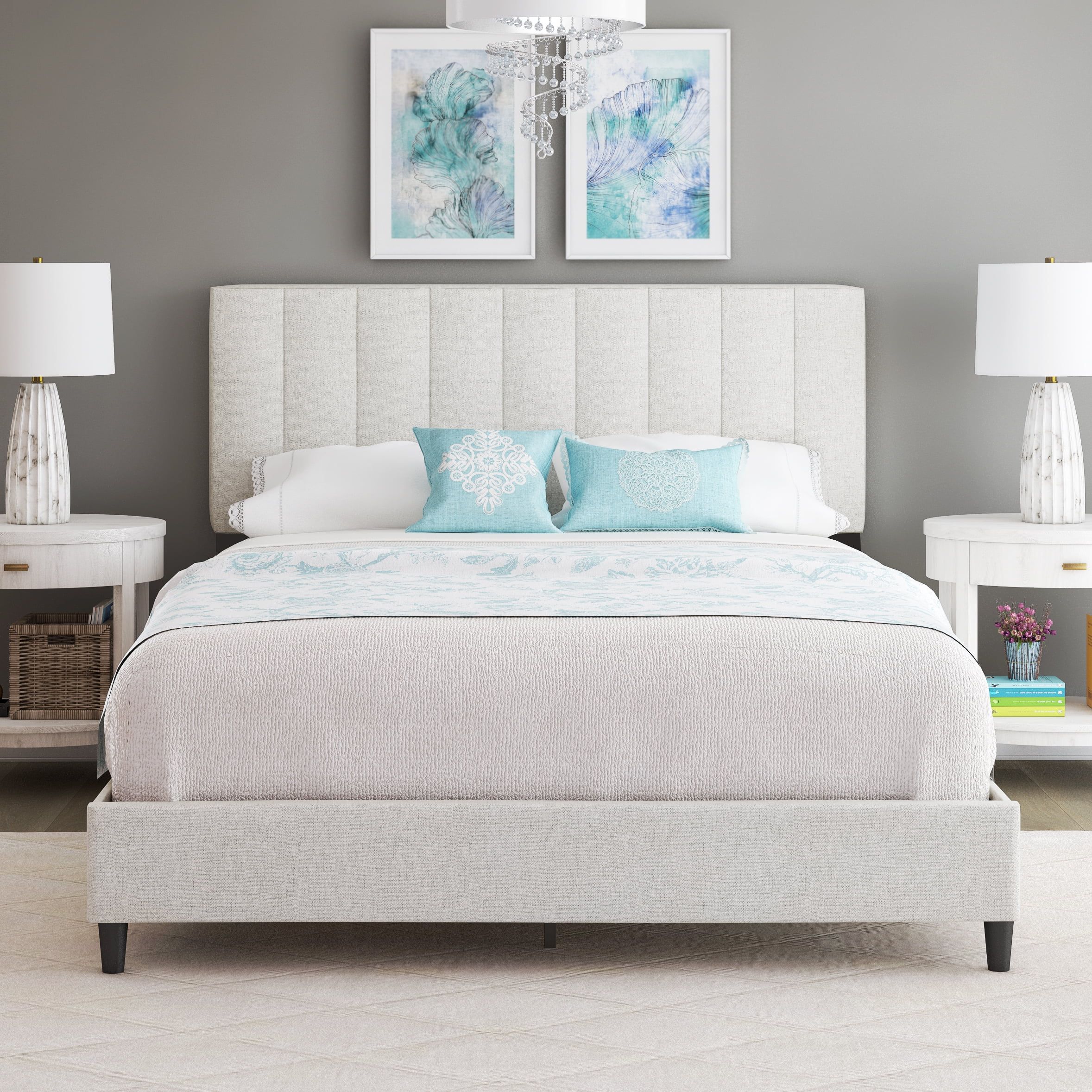 Premier Laura Linen Panel Upholstered Platform Bed Frame, Beige, Full | Walmart (US)