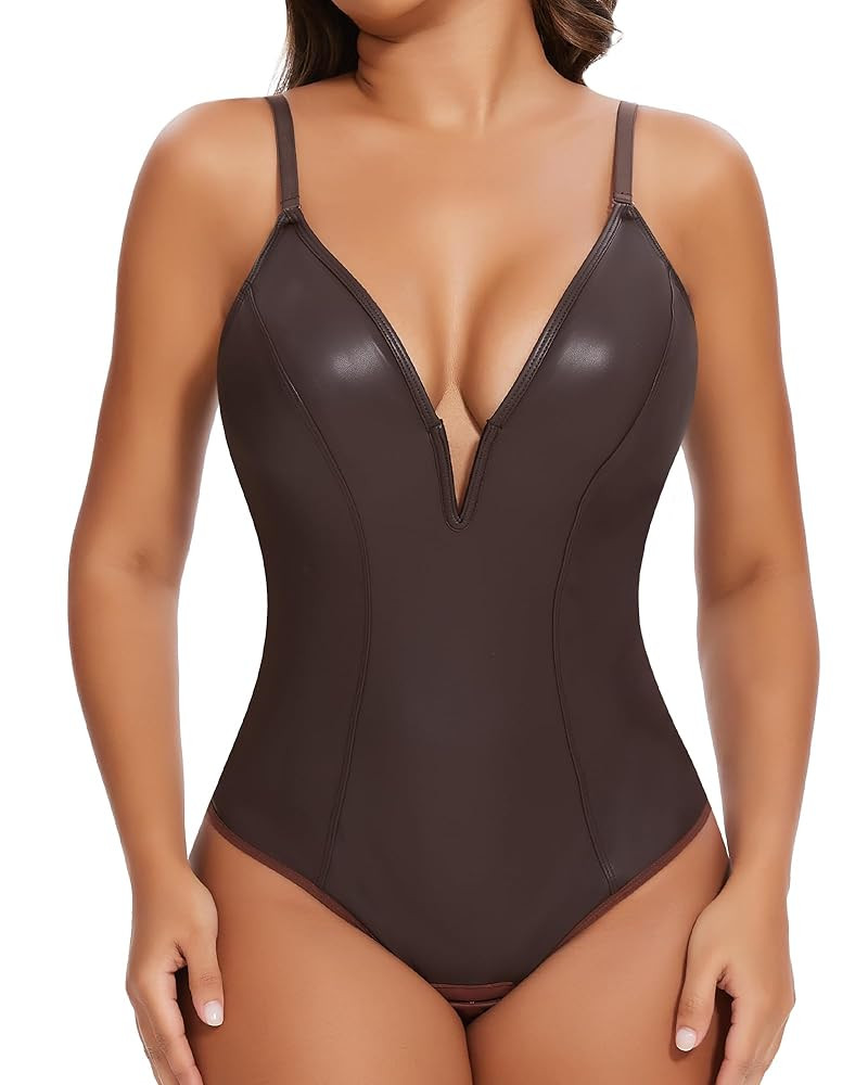 SHAPERIN Women's Deep V Neck Faux Leather Bodysuit Tummy Control Shapewear Thong Body Shaper Plun... | Amazon (US)