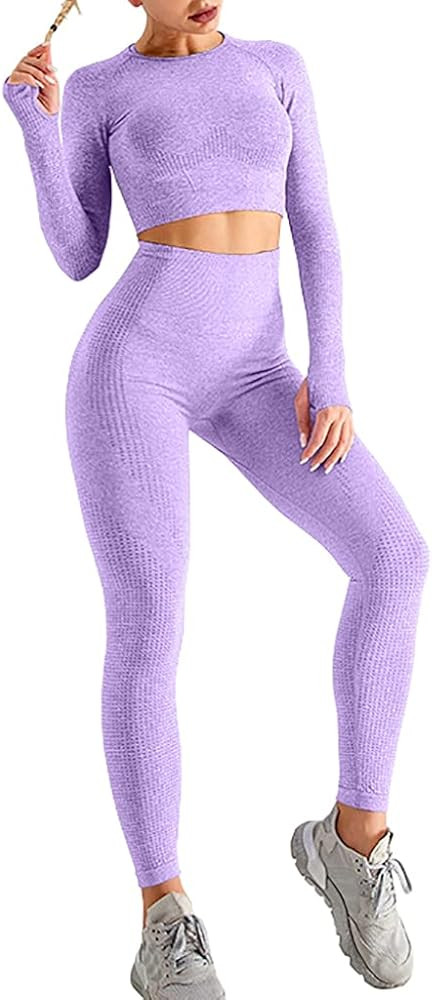 HYZ Women's Seamless 2 Piece Outfits Workout Long Sleeve Crop Top High Waist Yoga Legging Sets | Amazon (US)