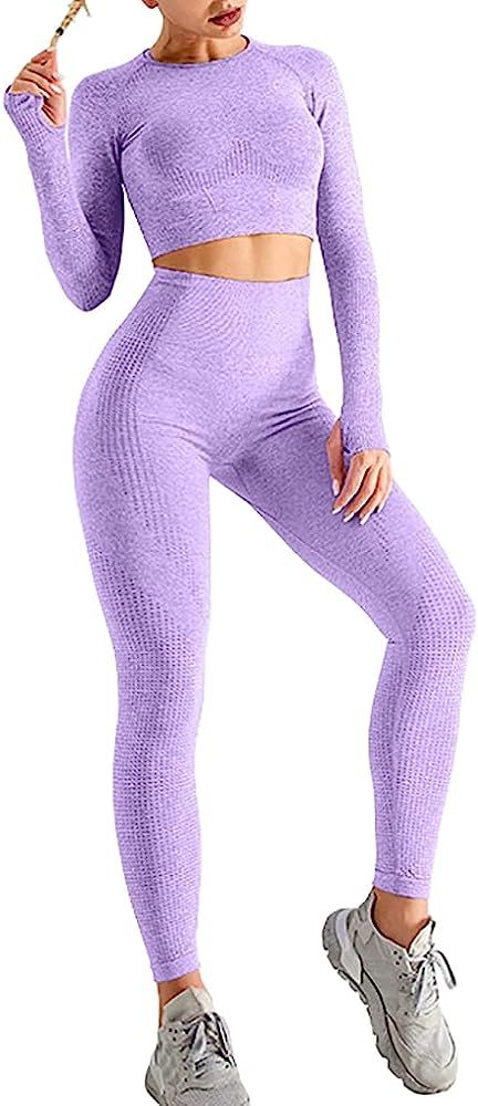 HYZ Women's Seamless 2 Piece Outfits Workout Long Sleeve Crop Top High Waist Yoga Legging Sets | Amazon (US)