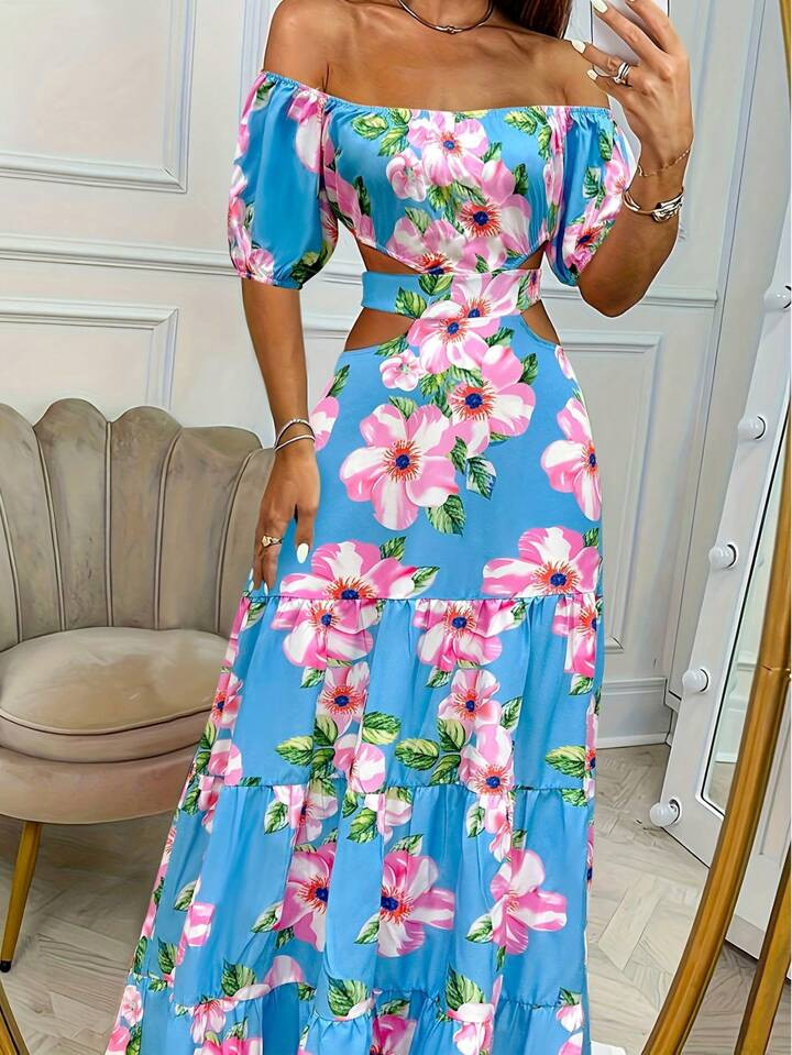 Women Flower Printed Off Shoulder Hollow Out Dress | SHEIN