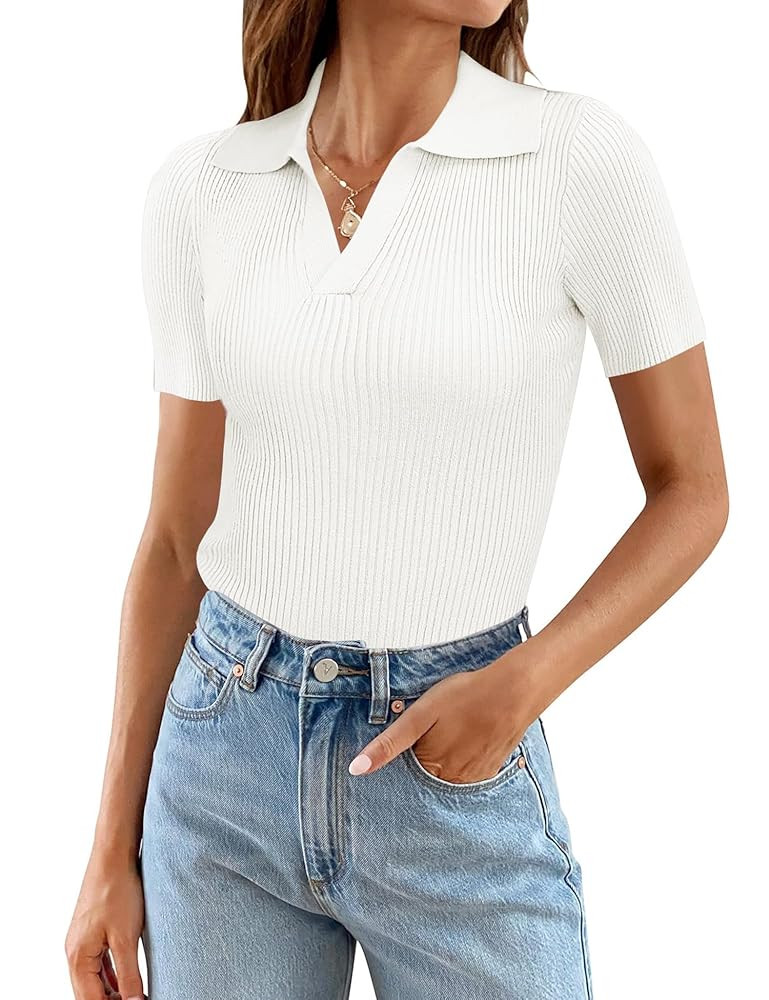 Ivicoer Womens 2025 Summer V Neck Short Sleeve T Shirts Slim Fitted Ribbed Knit Casual Tee Tops | Amazon (US)
