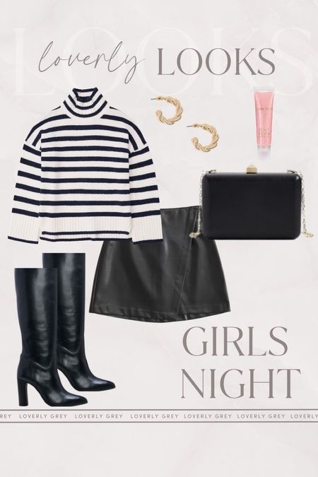 Loverly Grey fall outfit idea. Oversized striped turtleneck and faux leather wrap skirt perfect for a girls night out. 

#LTKstyletip #LTKbeauty #LTKSeasonal
