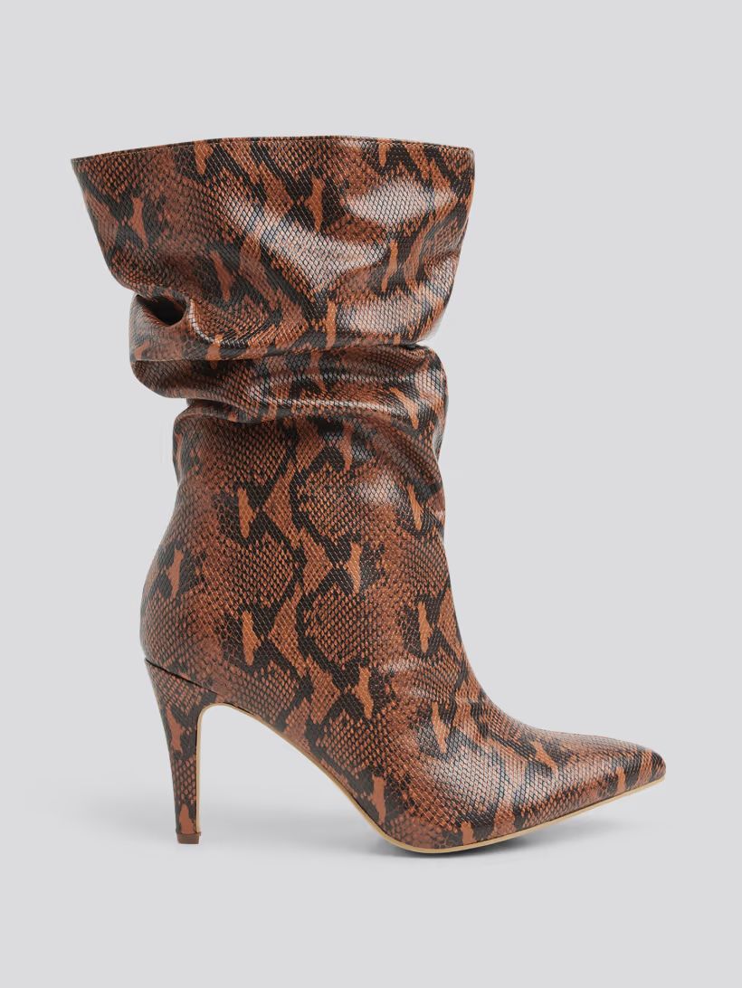 Plus Size Fawn Snake Print Mid-Calf Slouch Boots | Fashion to Figure | Fashion To Figure