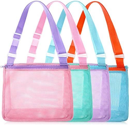 4 Pieces Beach Toy Mesh Bag Kids Shell Collecting Bag Mesh Beach Sand Toy Totes Colorful Mesh Bea... | Amazon (US)
