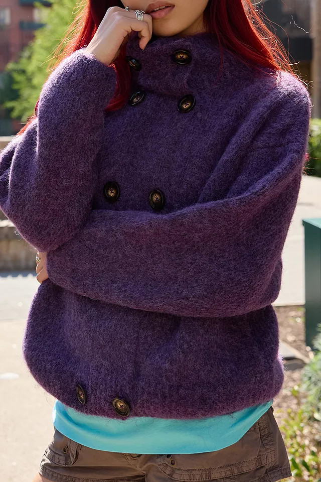 BDG Duffy Funnel Neck Double Breasted Cardigan - Brown M at Urban Outfitters | Urban Outfitters UK