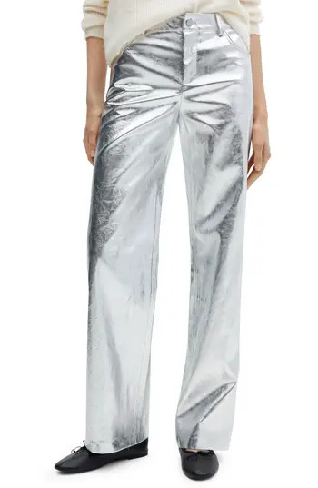MANGO Metalllic Wide Leg Pants in Silver at Nordstrom Rack, Size 2 | Nordstrom Rack