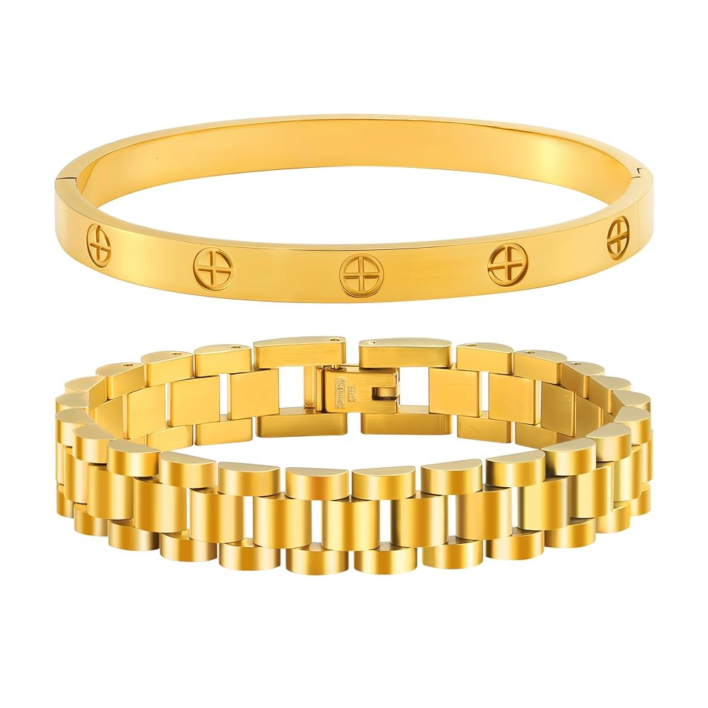 2Pcs 18K Gold Plated Stackable Love Bangle Bracelets for Women,Gold Chain Link Watch Bracelet Set... | Amazon (US)