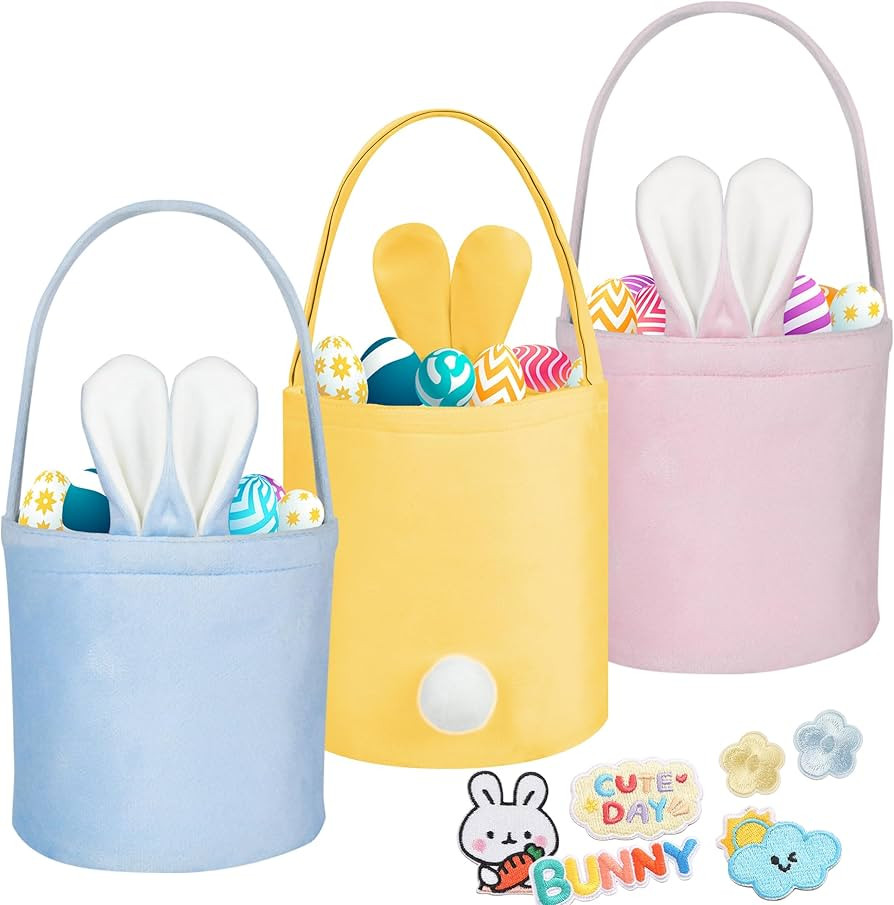 Easter Baskets for Kids, Bunny Easter Basket Set 3-Pack for Egg Hunt, Reusable Velvet Easter Bask... | Amazon (US)