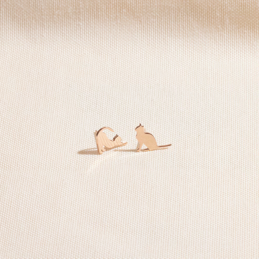 Silver Cat Stud Earrings Cute Animal Kitten Earrings - Etsy | Etsy (US)