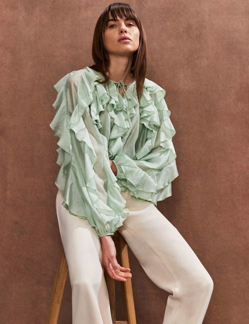 Lyocell Rich Tie Neck Ruffle Sleeve Blouse | Marks & Spencer (UK)