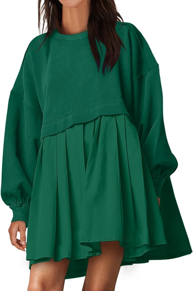 ANRABESS Women Oversized Sweatshirts Hoodie Dress Long Sleeve Crewneck Casual Baggy Patchwork Ple... | Amazon (US)