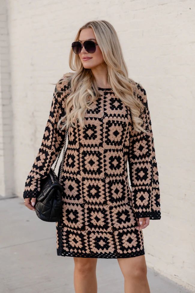 Build Courage Black and Tan Crochet Long Sleeve Lined Mini Dress FINAL SALE | Pink Lily