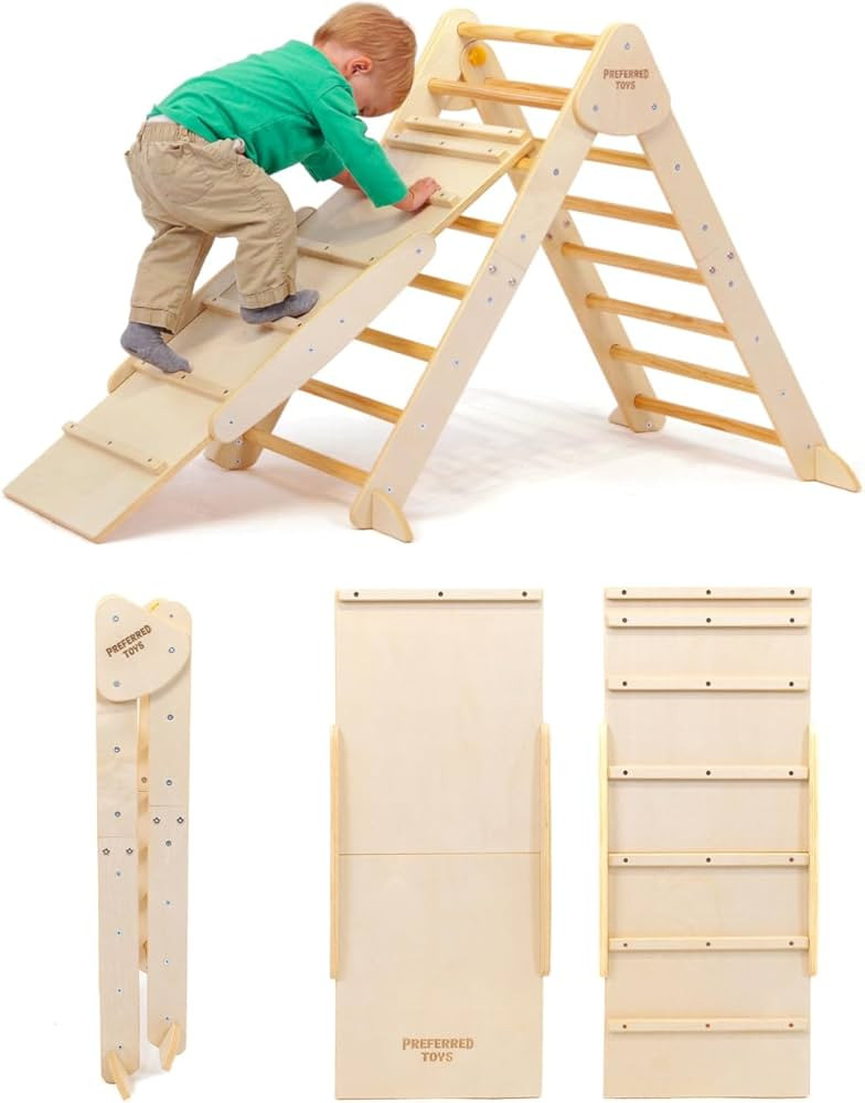 Pikler Triangle - 3 in 1 Montessori Climbing Set with Slide and Wooden Climber Wall - Foldable Ki... | Amazon (US)