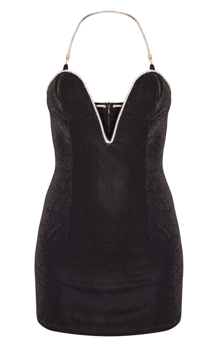 Black Diamante Velvet Bust Detail Plunge Bodycon Dress | PrettyLittleThing US