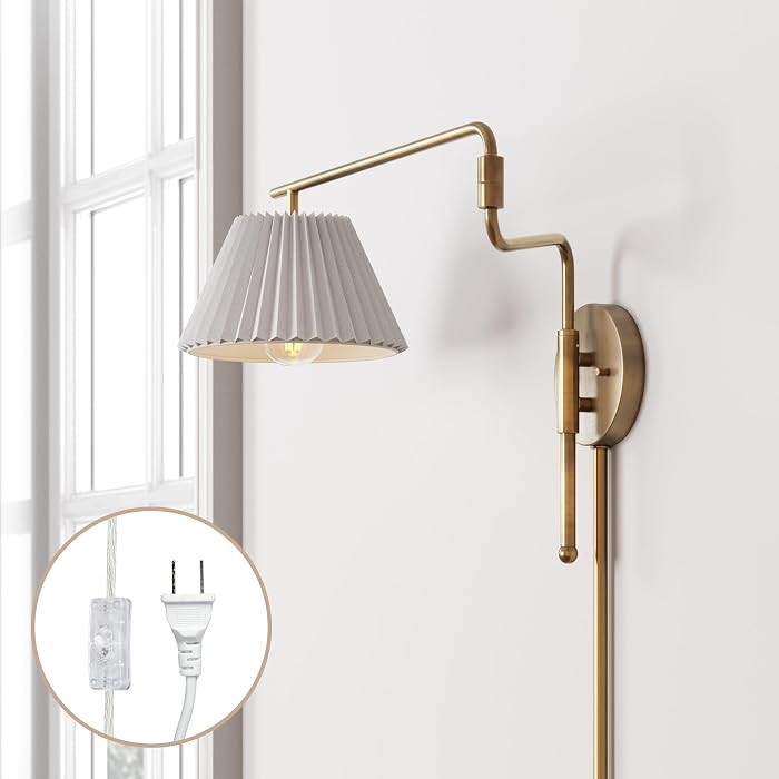 Nathan James Kai Modern Wall Mounted Plugin Bedside Reading Lamp with Pleated Shade, Vintaged Bra... | Amazon (US)