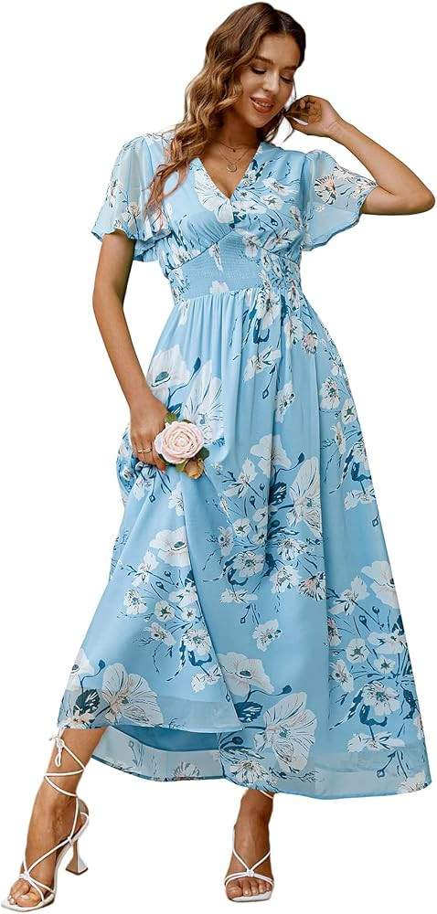 Simplee Women Boho Floral Maxi Dress Flowy Casual V Neck Short Sleeve Wedding Guest Holiday Beach... | Amazon (US)