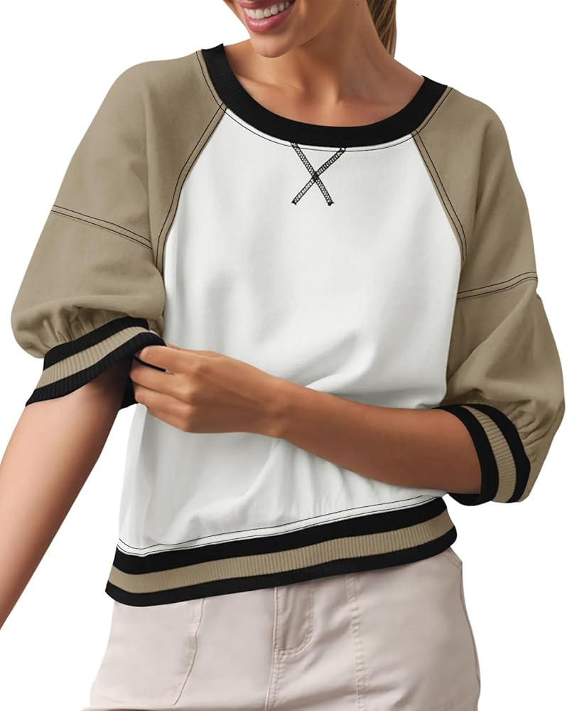 Fisoew Womens Crewneck Sweatshirt Ribbed Raglan Half Sleeve Pullover Tops Color Block Loose Fit S... | Amazon (US)