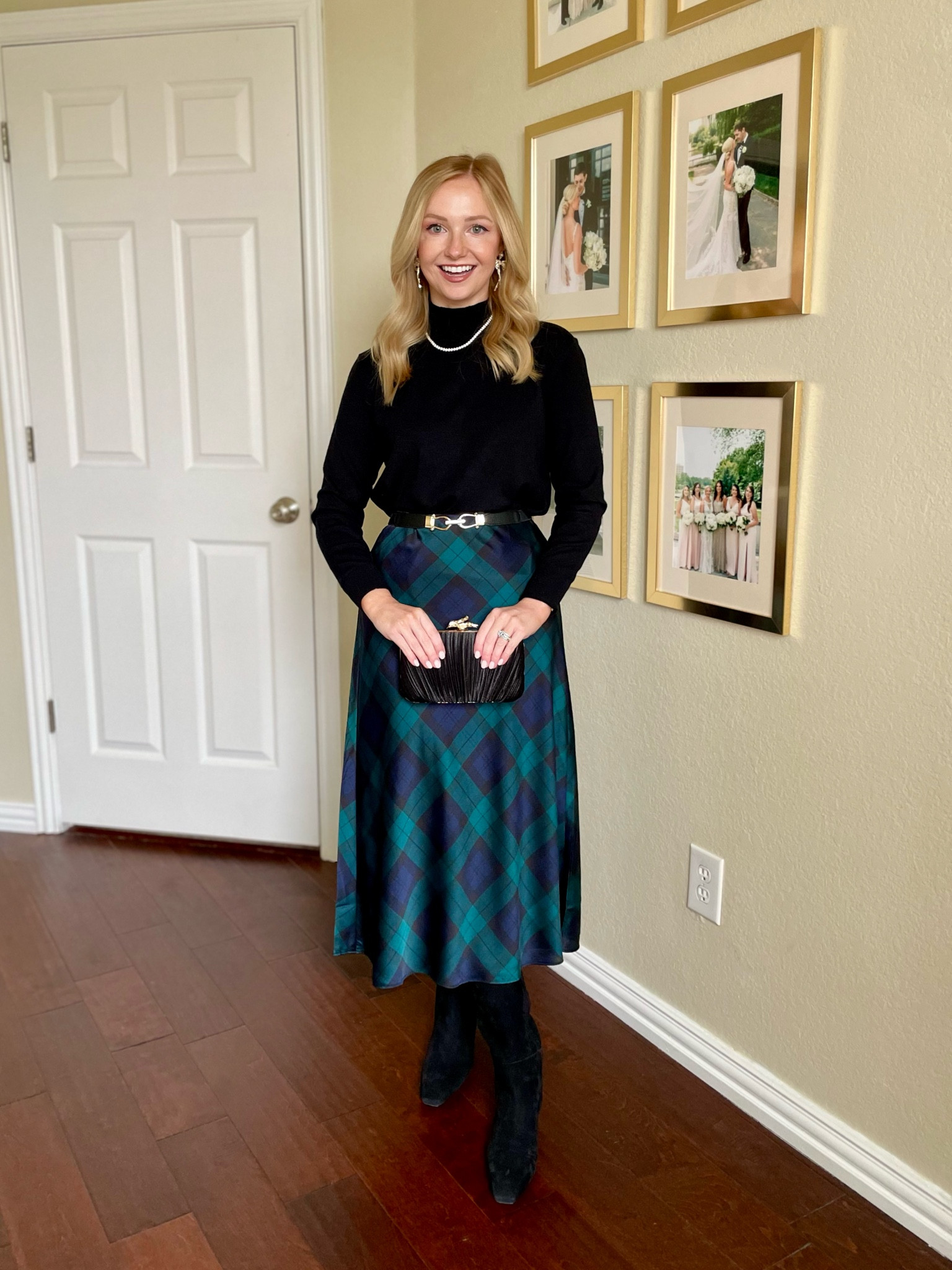 Wearing a 0 in skirt and XS in top | black watch, plaid skirt, mockneck, black sweater, black boots, holiday outfit, holiday party outfit 

#LTKSeasonal #LTKStyleTip #LTKHoliday