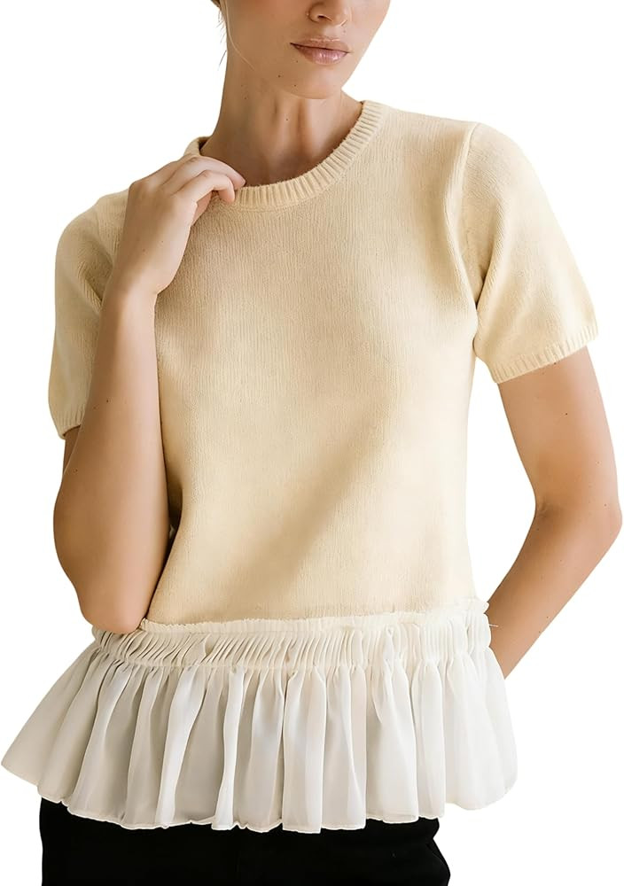 Women's Casual Knit Peplum Top Crew Neck Short Sleeve Patchwork Ruffle Hem Sweater | Amazon (US)