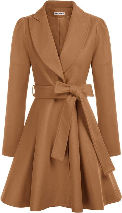 Women's Notch Lapel Long Sleeve a Line Pea Coat with Self Tie Belt | Amazon (US)