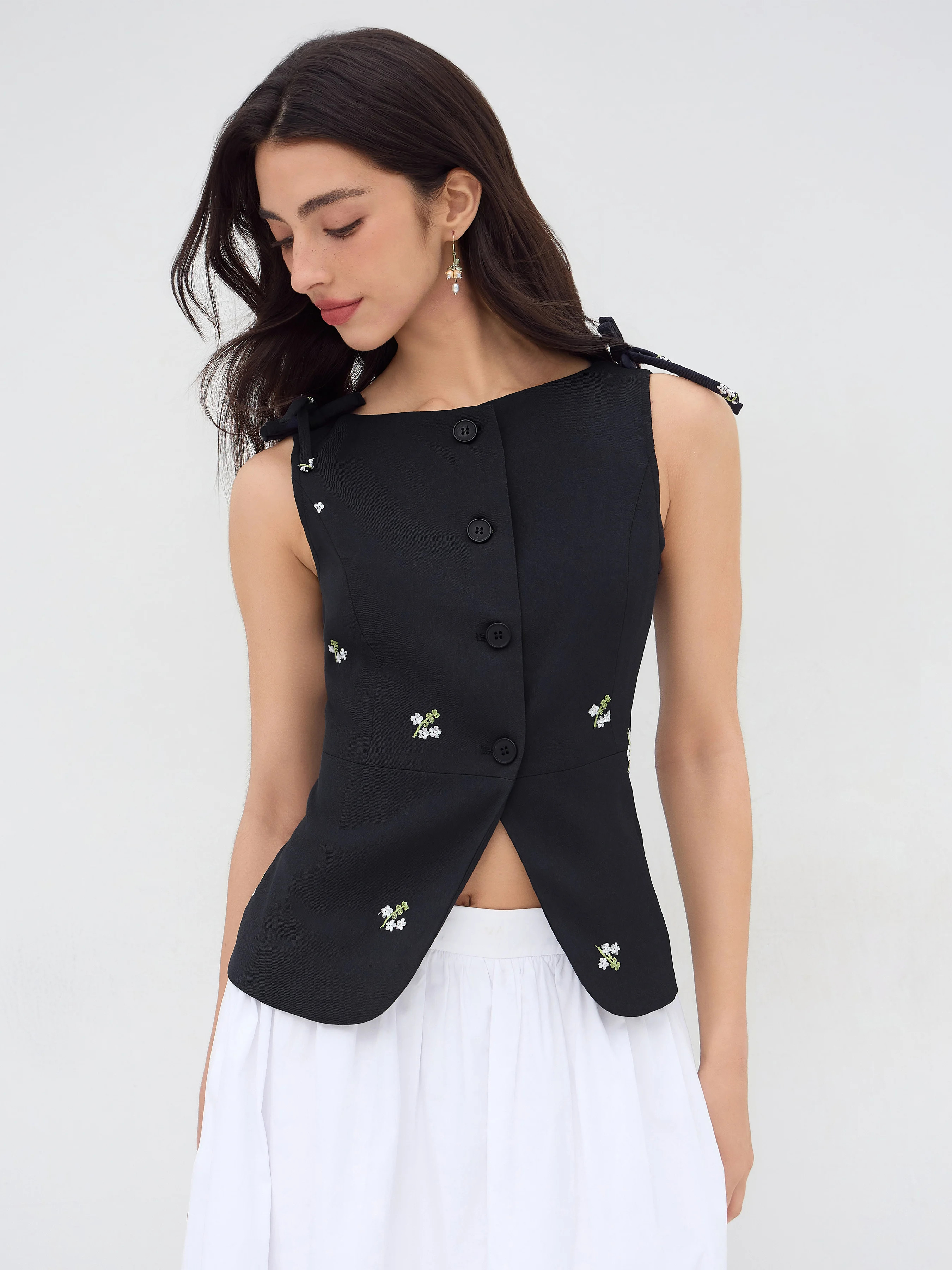 Floral Embroidery Bowknot Blazer Vest | Cider