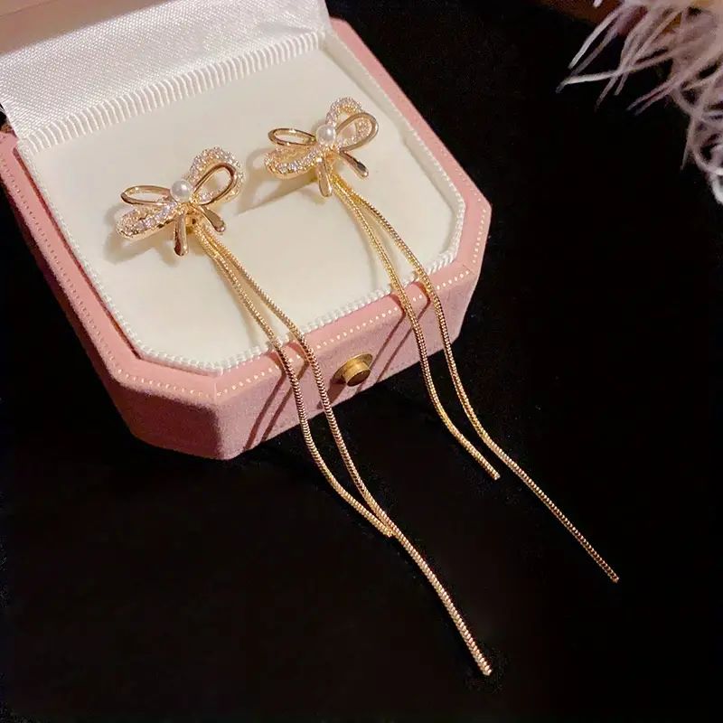 Zircon Bow Long Tassel Stud Earrings, Cool Party Jewelry, Valentine's Day Gift For Women Mom Fami... | Temu Affiliate Program