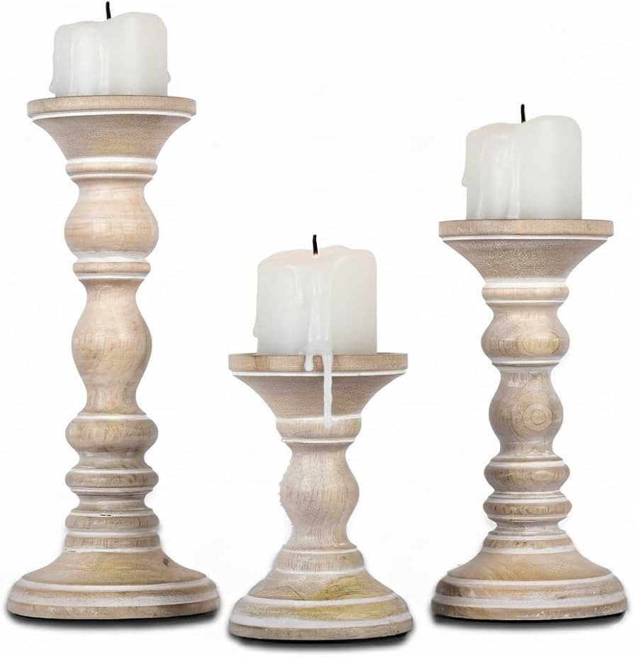 Mela Artisans Wooden Pillar Candle Holders | Willow Design | Set of 3 Mango Wood Candlesticks | W... | Amazon (US)