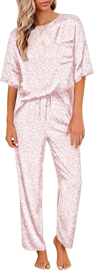 Ekouaer Womens Satin Silky Pajama Set Short Sleeve Shirt with Long Pajama Pant Set Soft PJ Lounge... | Amazon (US)
