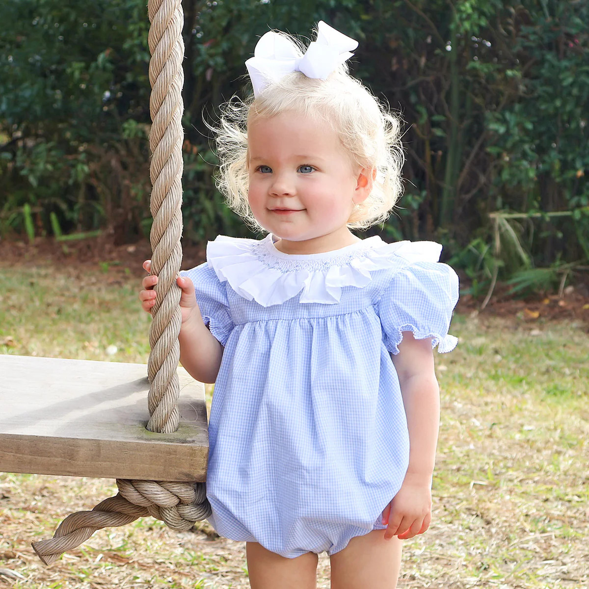 Blue Gingham Smocked Ruffle Collared Bubble | Classic Whimsy