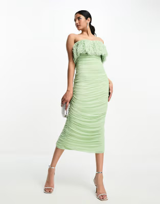 ASOS DESIGN  bandeau feather mesh midi dress in sage green | ASOS (Global)