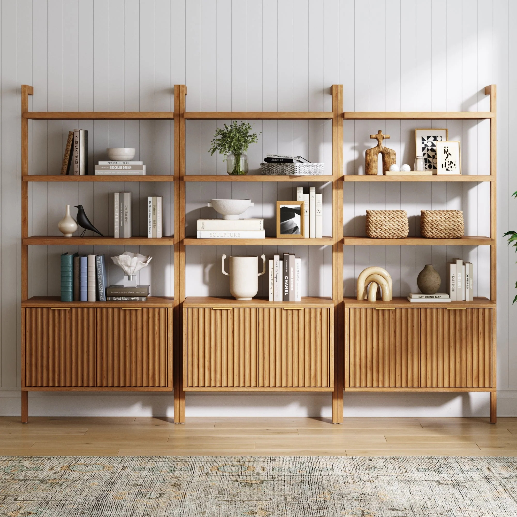 Mid-Century Fluted Wall Bookshelves with Doors Warm Pine (Set of 3) | Nathan James