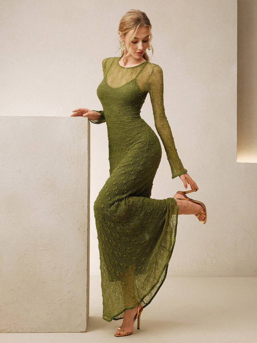 Anewsta Women's Elegant High Stretch Lace Camisole Dress Long Sleeve Long Dress Lace Dress Green ... | SHEIN